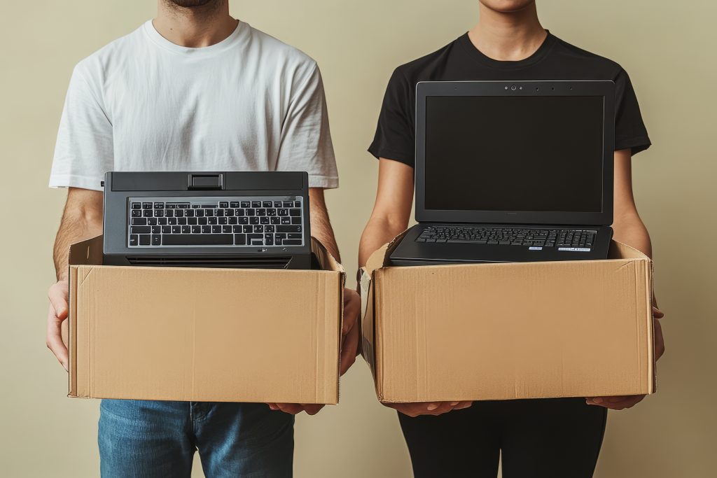 dos personas sosteniendo computador usado y reacondicionado